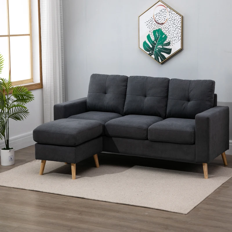HOMCOM Ecksofa 3-Sitzer und modularer Hocker mit Armlehnen im skandinavischen Design 193 x 136 x 85 cm Anthrazitgrau