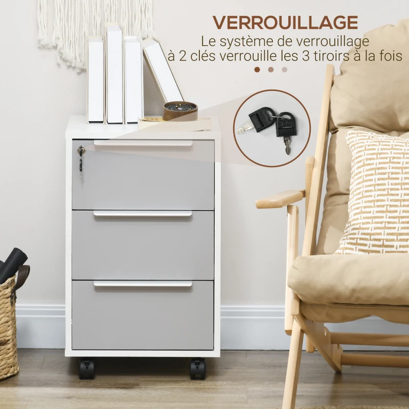 HOMCOM Bürowagen mit Rollen, 3 Schubladen und Schloss für Akten 40 x 40 x 63,5 cm Weiß und Grau