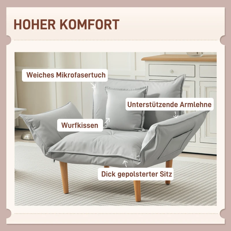 HOMCOM 2-in-1 Verstelbare Loungefauteuil, Vloersofa met Kussen, Gepolsterde Stoel, voor Woonkamer, Slaapkamer, Lichtgrijs