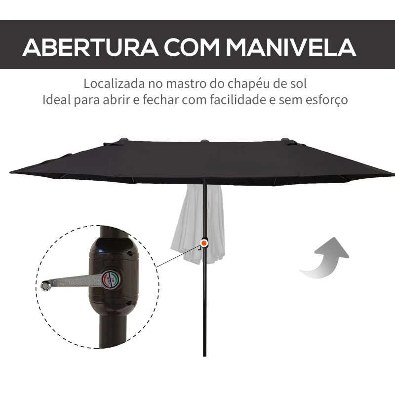 Outsunny Chapéu de Sol Duplo 4,55x2,68x2,38 m Chapéu de Sol de Jardim com Manivela Manual Resistente à Água e com Proteção Solar UV para Terraço Pátio Preto