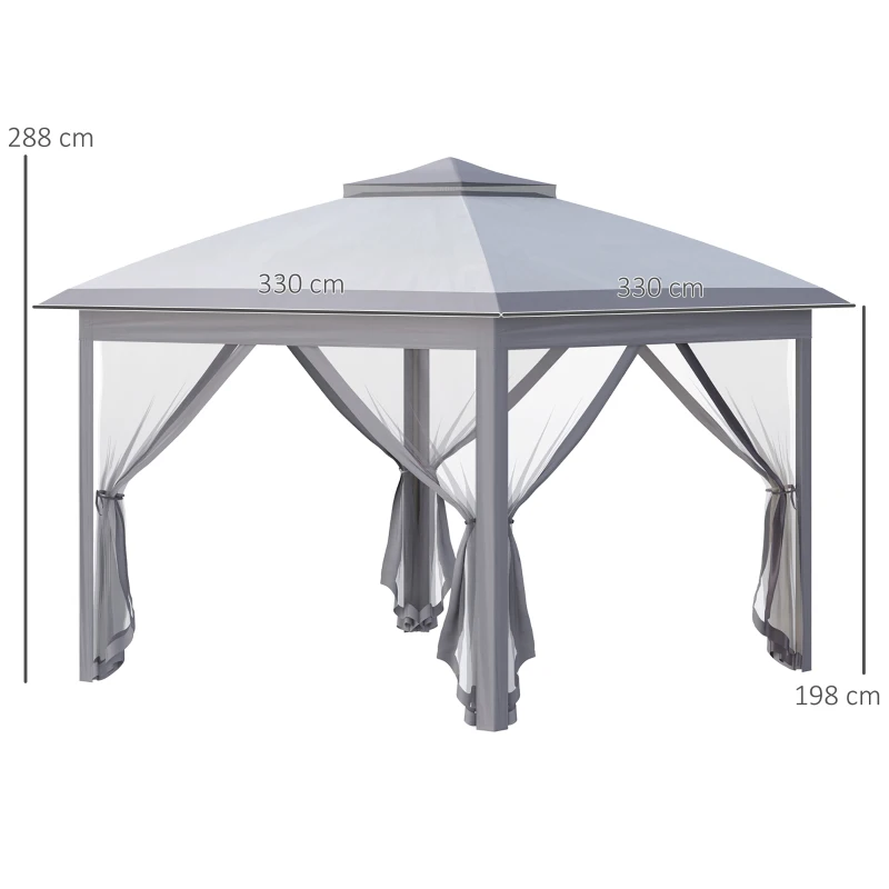 Outsunny Faltpavillon, Gartenpavillon, Metall und Stoffplane, Netzvorhänge, Entwässerungslöcher, 330L x 330B x 288H cm, Grau