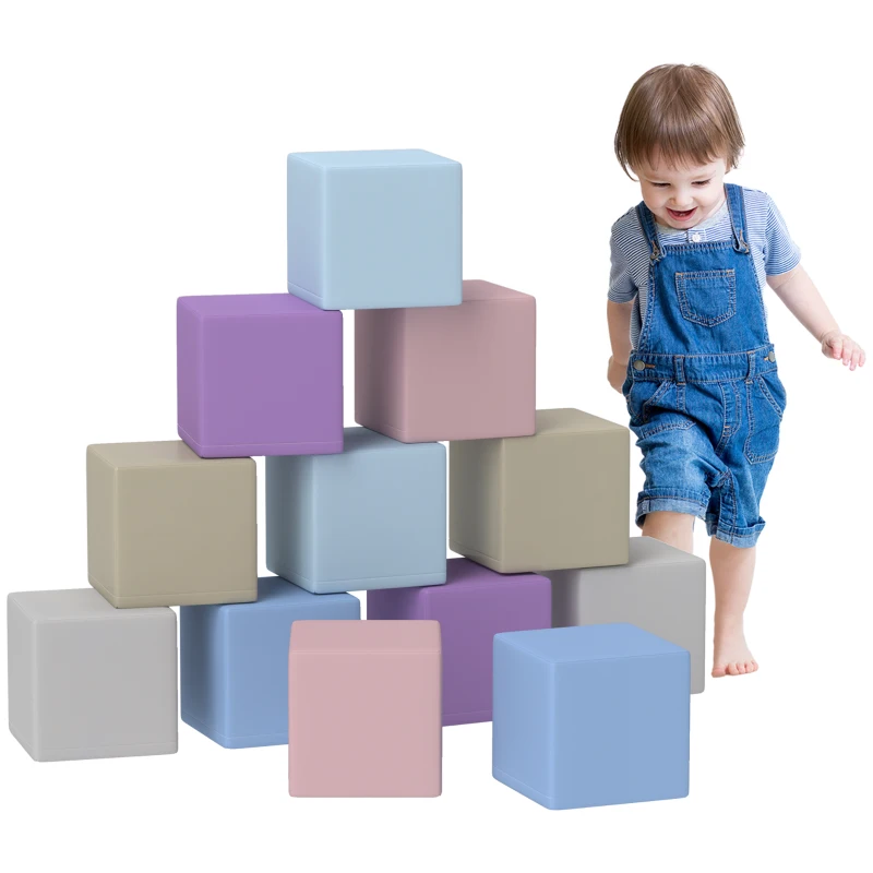 HOMCOM Softbausteine, 12 Cubes de 20 x 20 x 20 cm, Facile à Nettoyer, Sécurité Enfant, pour 1-3 Ans, Similicuir