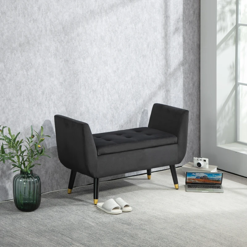 HOMCOM Banc avec Espace de Rangement et Accoudoirs, Banquette, Polyester Velouté, Bois de Caoutchouc, Gris Foncé, 107 x 42 x 65 cm