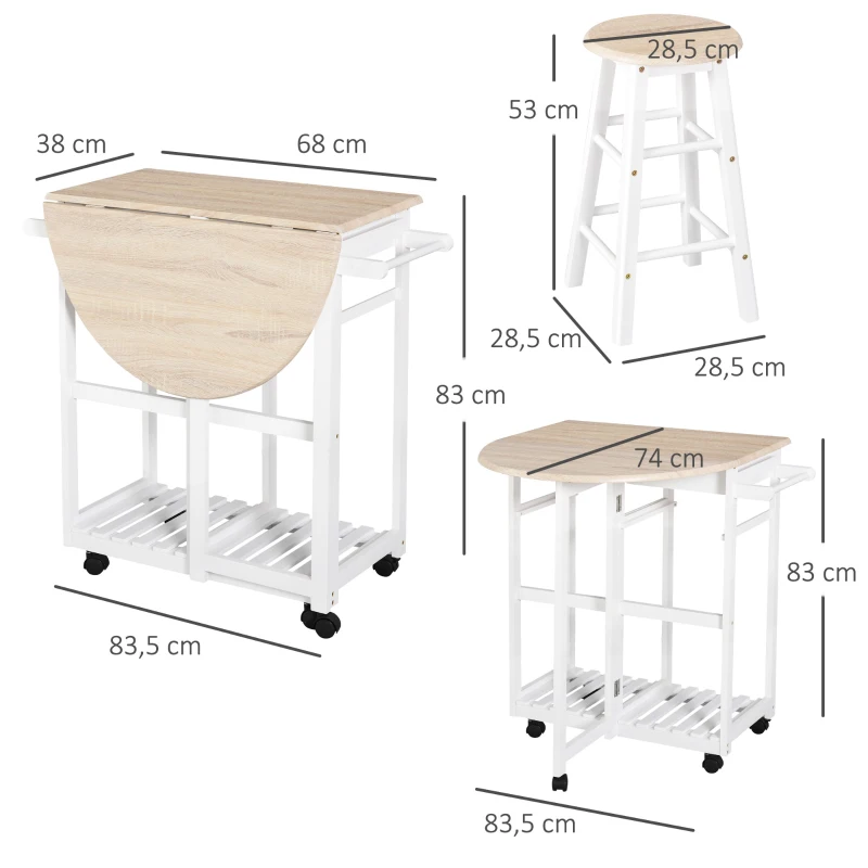 HOMCOM Bartisch-Set Klappbar auf Rollen mit Regal und 2 Schubladen + 2 Hocker Kiefernholz MDF Weiß Eiche Hell