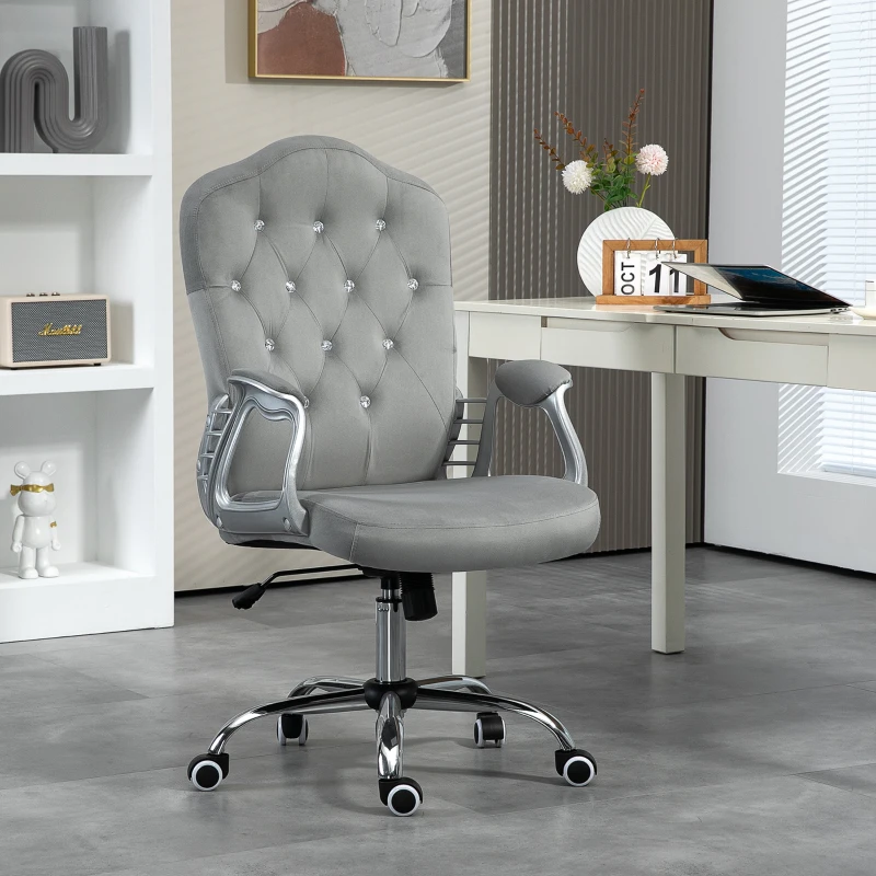 Vinsetto Chaise de bureau avec fonction bascule, hauteur réglable en velours, jusqu'à 120 kg, Gris clair