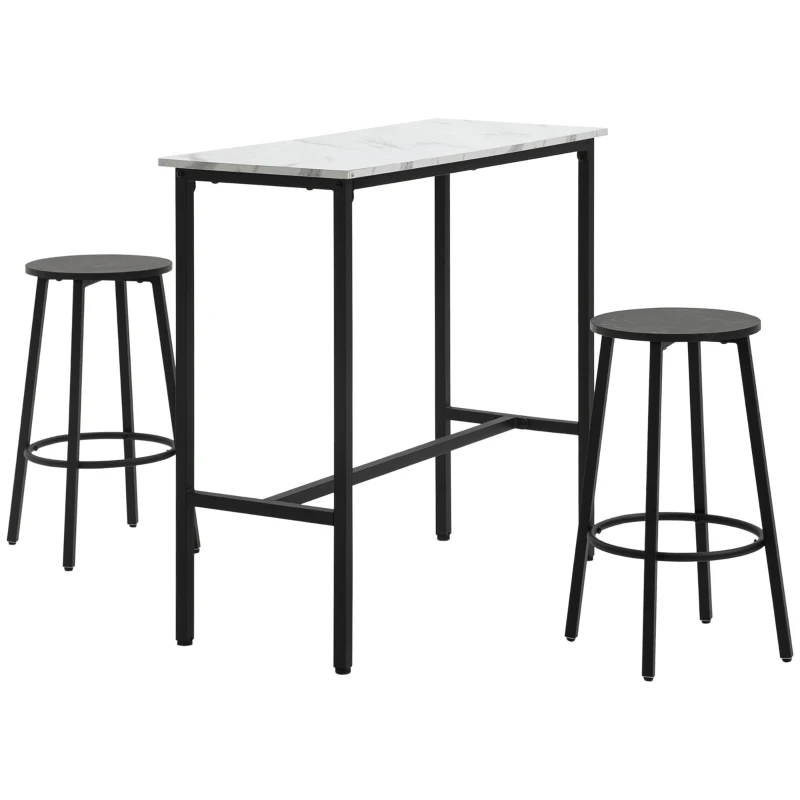 HOMCOM Ensemble de bar pour 2 personnes, 1 table avec 2 tabourets de bar, Plateau de table aspect marbré blanc, Cadre en acier