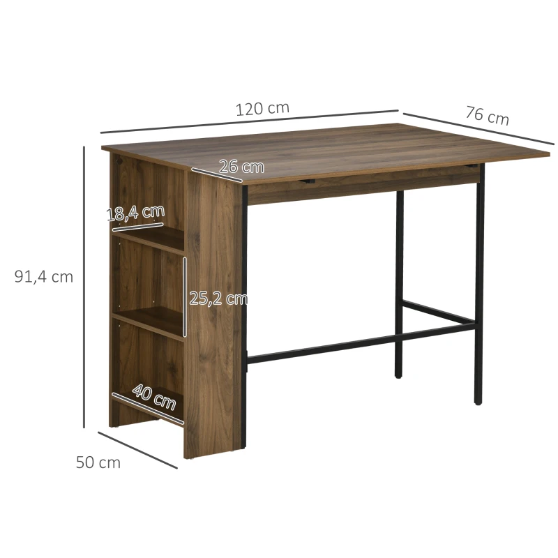 HOMCOM Kücheninsel Bartisch mit klappbarer Seitenplatte und 3 Regalen 120 x 76 x 91,4 cm braun