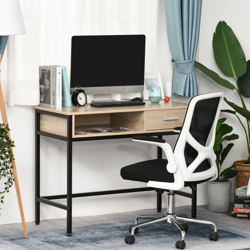 HOMCOM Schreibtisch mit Stauraum Tisch Schreibtisch Industrieller Bürotisch mit Schublade Metallgestell Schwarz Holzplatte Eichenholz-Veilchen