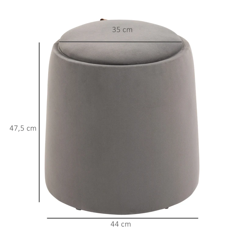 HOMCOM 2-en-1 Ottoman en Velours avec Espace de Rangement et Couvercle Amovible Φ44 cm x 47,5 cm Gris