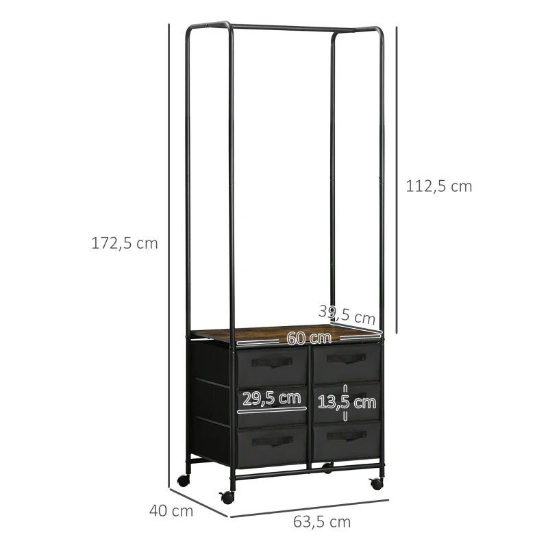 HOMCOM Kleiderständer im industriellen Stil mit 6 Stoffschubladen und 4 Rollen 63,5 x 40 x 172,5 cm Schwarz Braun