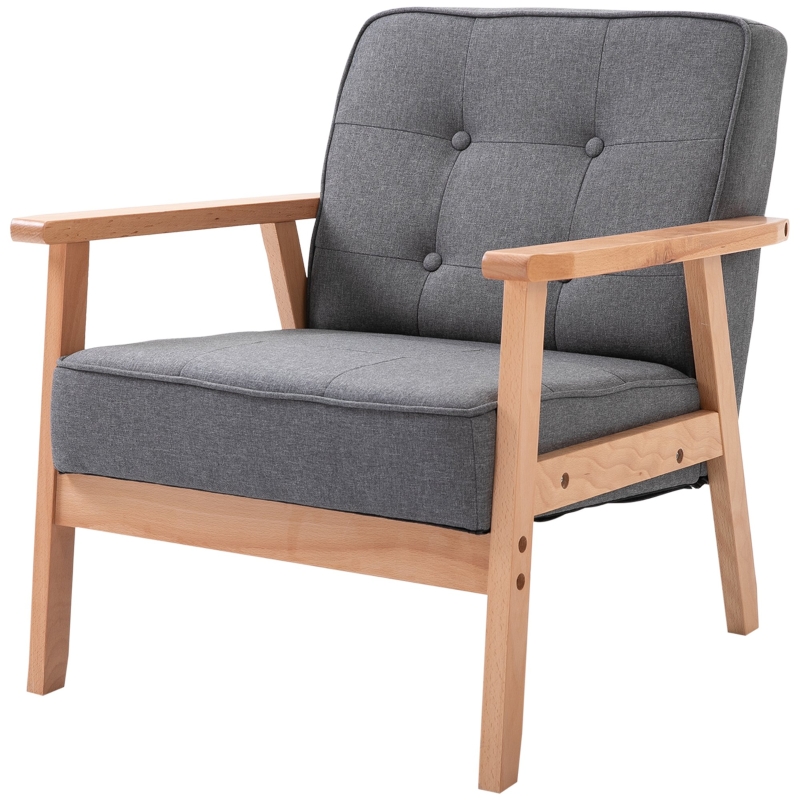 HOMCOM Fauteuil Monoplace Fauteuil de Salon en Tissu avec Accoudoirs Cadre en Bois Lin Gris 64,5 x 70 x 74 cm