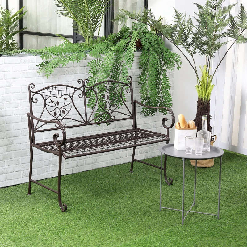 Outsunny Banc de Jardin 2 Places Banquette avec Dossier jusqu'à 220 kg Mobilier de Jardin Résistant aux Intempéries Style Antique en Métal Café 114 x 53,5 x 91 cm