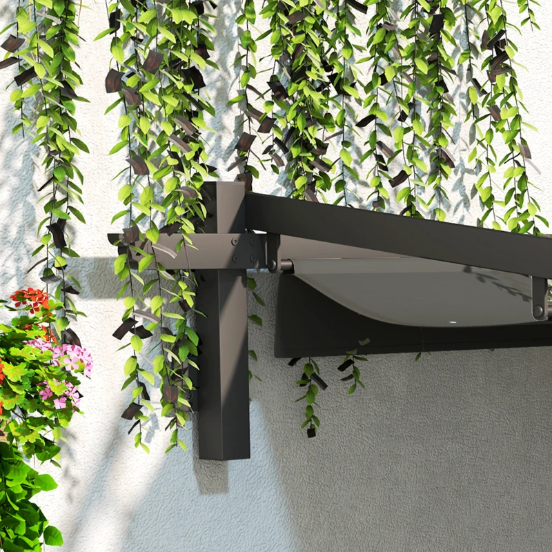Outsunny Pavillon, 3 x 3 m Pergola, Winddichtes Terrassendach, Wandmontage, Verstellbares Dach, für Garten, Terrasse, Dunkelgrau(m-8)