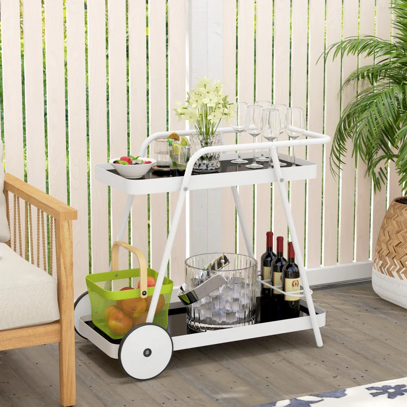 Outsunny Chariot de Service Extérieur, 2 étages, Porte-bouteilles, Cadre en acier, 86,5 x 51 x 78 cm, Noir/Blanc