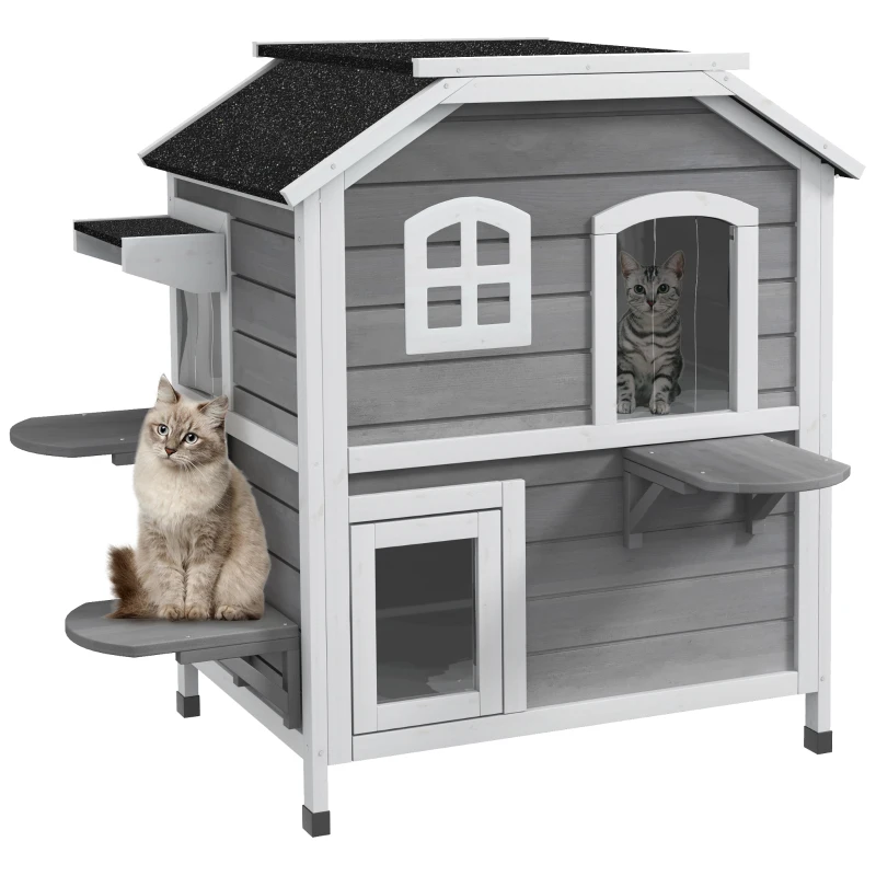 PawHut Maison pour chats avec toit en asphalte, Maison pour chats extérieure avec escaliers, Villa pour chats à 2 étages, Étanche, Jardin, Bois de sapin, Gris, 78 x 55,5 x 91 cm