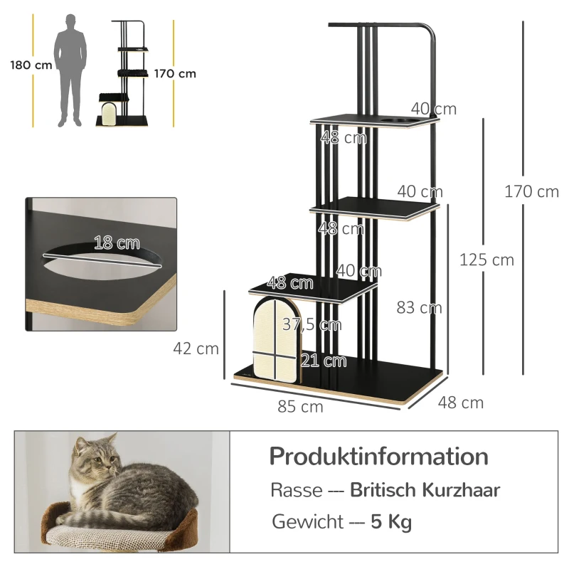 PawHut Arbre à chat, Design industriel, 3 Plateformes, 2 Coussins de repos, Griffoir, Structure en acier, noir, 85 x 48 x 170 cm