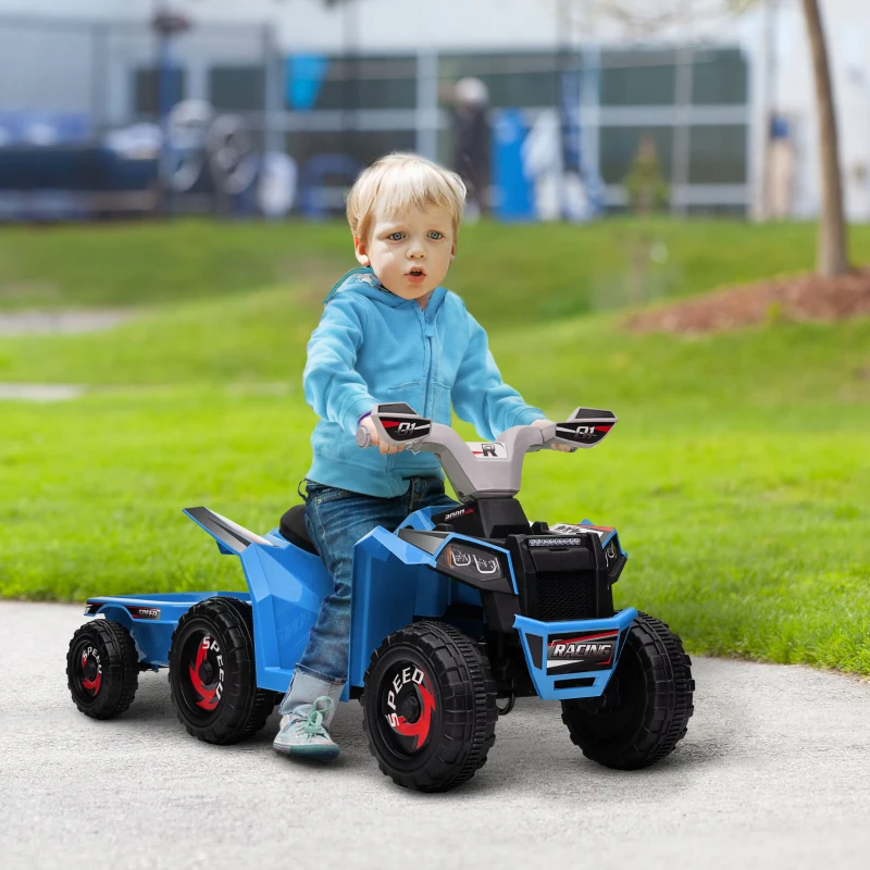 HOMCOM Quad pour enfants, rechargeable, 2,5 km/h, avec remorque, 50 min d'autonomie, pour enfants de 1,5 à 3 ans, Bleu