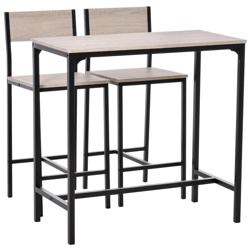 HOMCOM Ensemble Table de Bar 3 pièces, Table à Manger avec 2 Tabourets de Bar, Comptoir de Cuisine avec Chaises de Bar, Groupe de Sièges pour Cuisine, Salle à Manger et Bistrot, Structure Métallique, MDF, Nature+ Noir, 89 x 45 x 87 cm