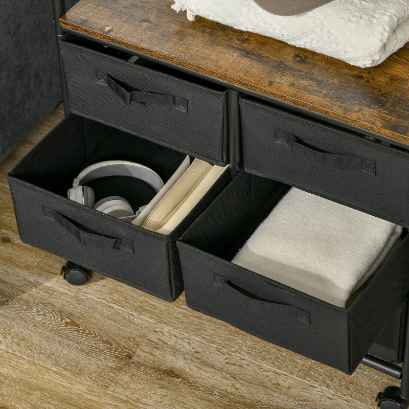 HOMCOM Kleiderständer im industriellen Stil mit 6 Stoffschubladen und 4 Rollen 63,5 x 40 x 172,5 cm Schwarz Braun