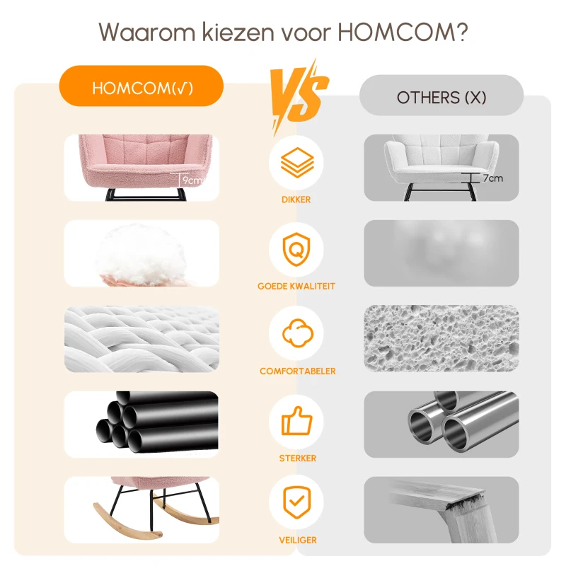 HOMCOM Schommelstoel in retro design, relaxfauteuil, massief hout, roze