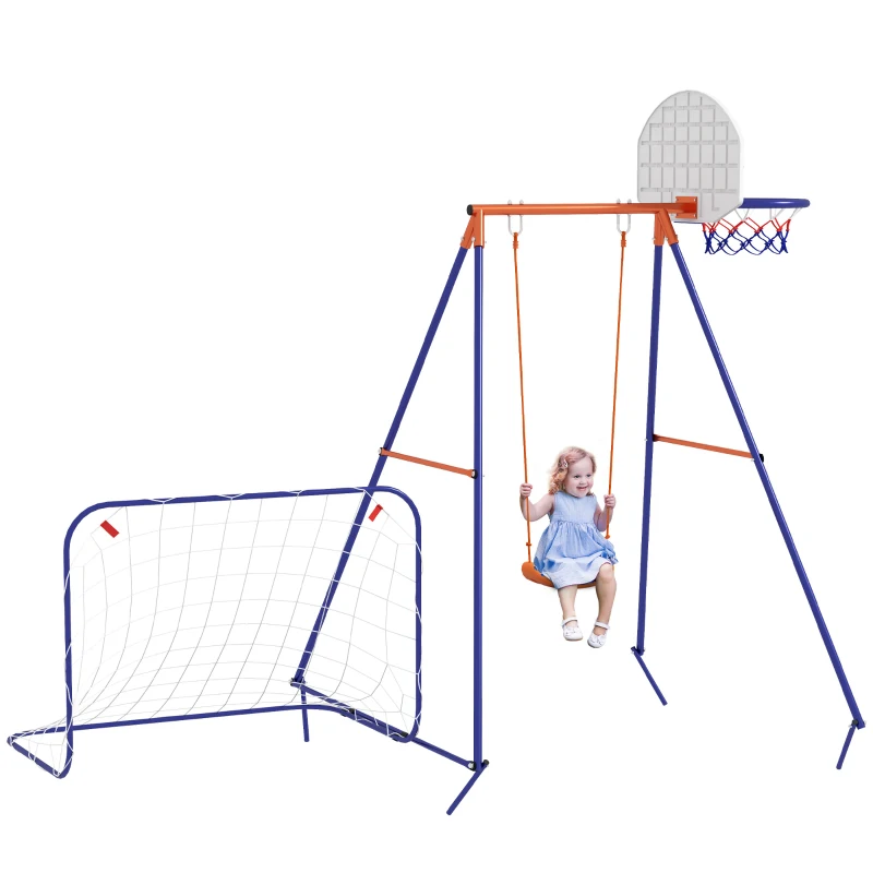 Outsunny Ensemble de balançoire pour enfants, but de football, panier de basket, pour 3 à 8 ans, cadre en acier