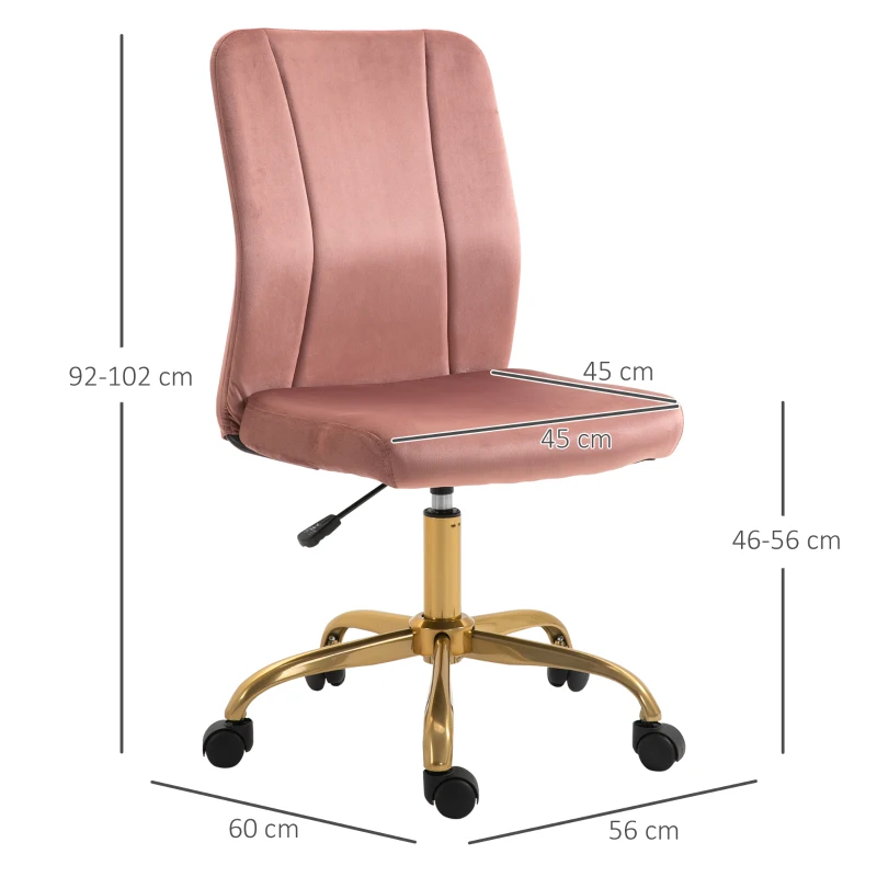 Vinsetto Bürostuhl im zeitgenössischen Design, drehbarer 360° ergonomischer Stuhl, gebogener Rückenlehne, höhenverstellbar, Samtbezug 56 x 60 x 102 cm rosa und gold