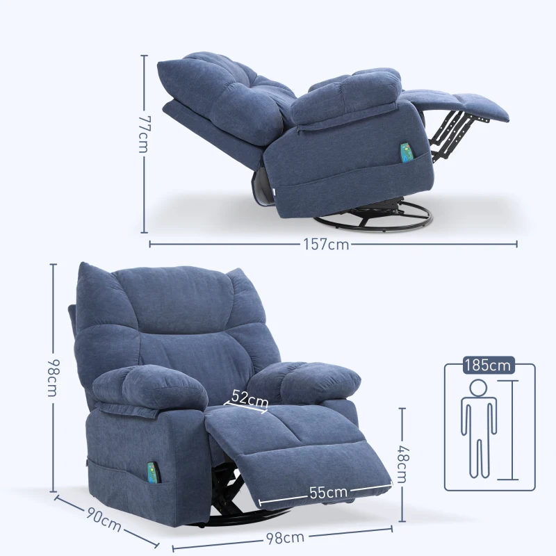 HOMCOM Fauteuil de massage avec Fonction de Chauffage et Allonge, rotatif, jusqu'à 150 kg, structure métallique, 98x90x98cm, Bleu(m-3)