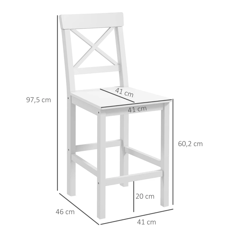 HOMCOM Set von 2 Barhockern, Barhocker im Landhausstil aus Holz, 60 cm Höhe mit Fußstütze, weiß