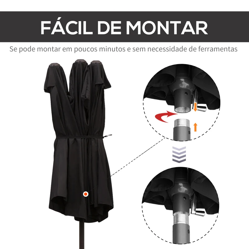 Outsunny Chapéu de Sol Duplo 4,55x2,68x2,38 m Chapéu de Sol de Jardim com Manivela Manual Resistente à Água e com Proteção Solar UV para Terraço Pátio Preto
