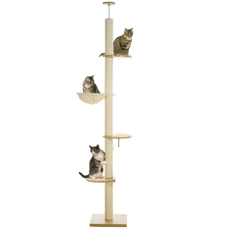 PawHut Arbre à Chat au Plafond, Dispositif Anti-Basculement, Poteau en Corde de Sisal, Panneau de Particules, Chêne+Blanc crème