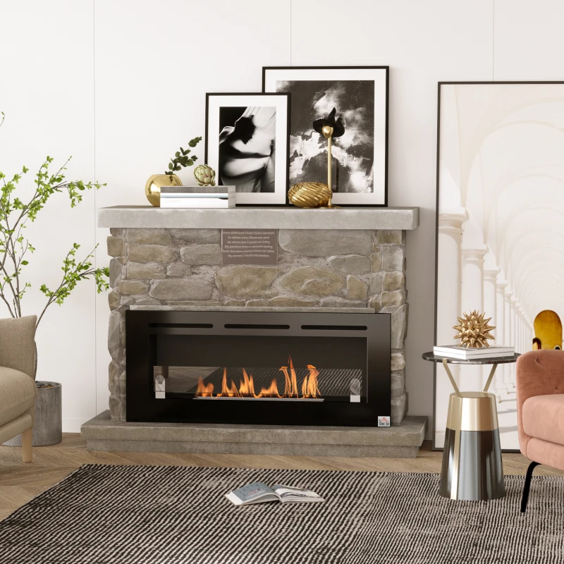 HOMCOM Bioethanol-Wandkamin zum Einbau, Brenner 2,8 L, ca. 3,5 Std. Brenndauer, Maße 102L x 16B x 43H cm, Fläche 25-30 m², Metall