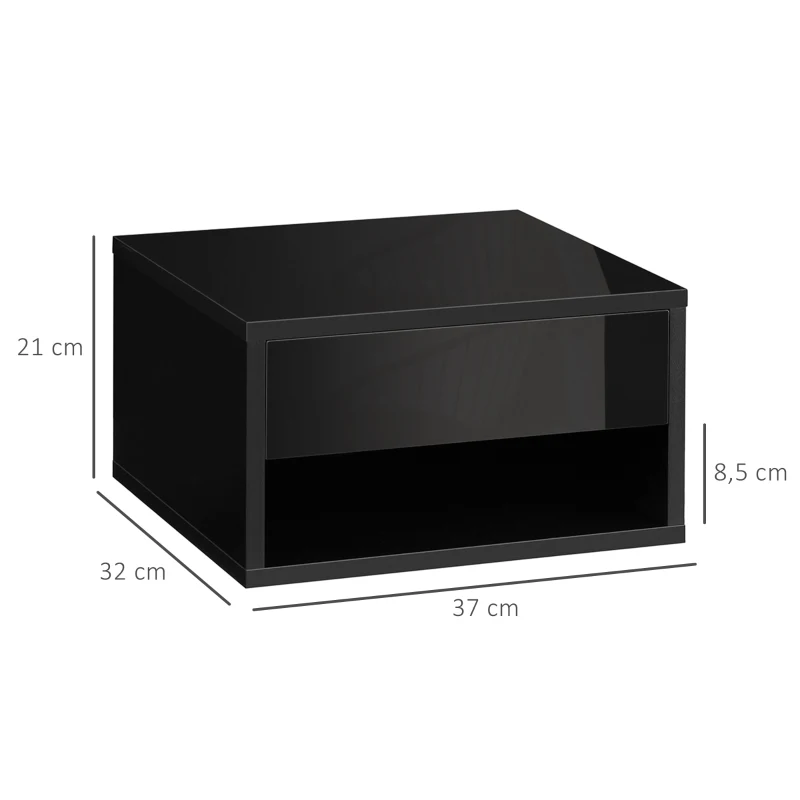 HOMCOM Set mit 2 wandmontierten Nachttischen Nachttisch Schublade Fach Ablagefläche aus Holz Maße 37L x 32B x 21H cm Schwarz