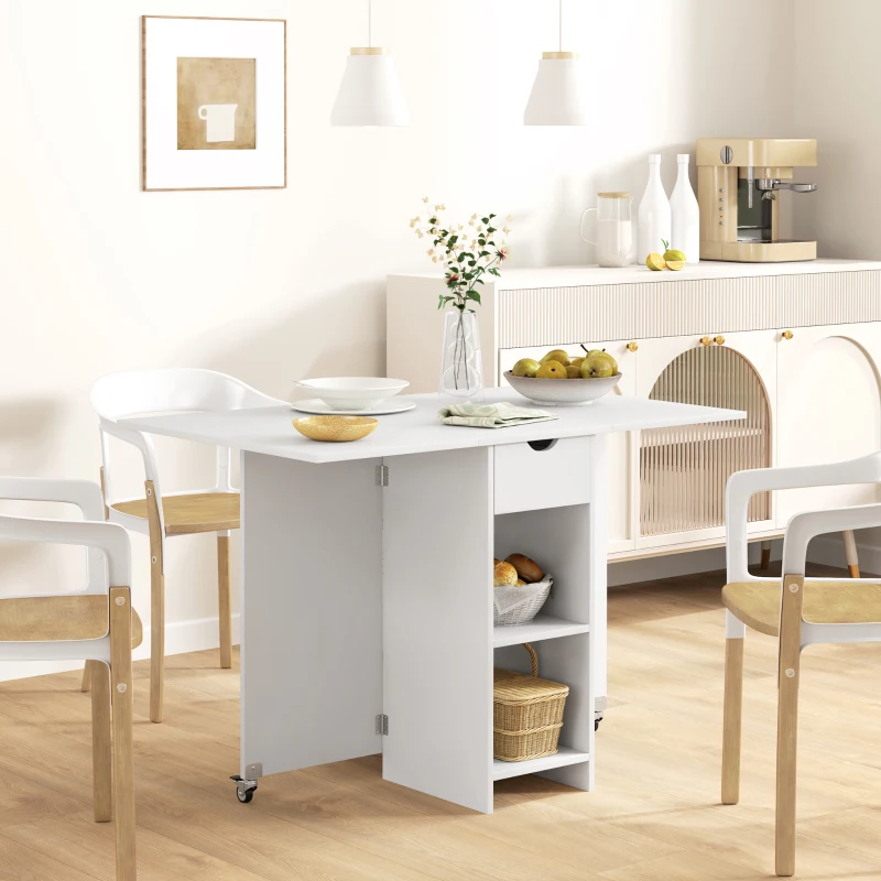 HOMCOM Inklapbare Eettafel voor 2-4 Personen, Opvouwbare Keukentafel met Opbergruimte, Uitschuifbare Tafel op Wielen, Wit(m-2)