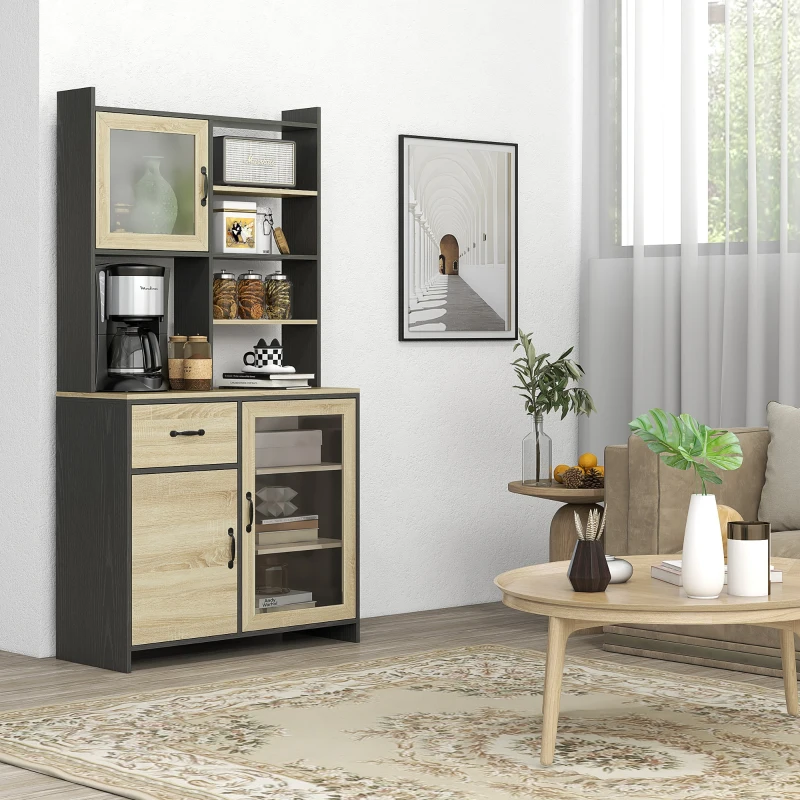 HOMCOM Küchenschrank Buffet hoch mit 1 Schublade 3 Schränken Regalen 2 Glastüren 90 x 39 x 177 cm Schwarz Natur