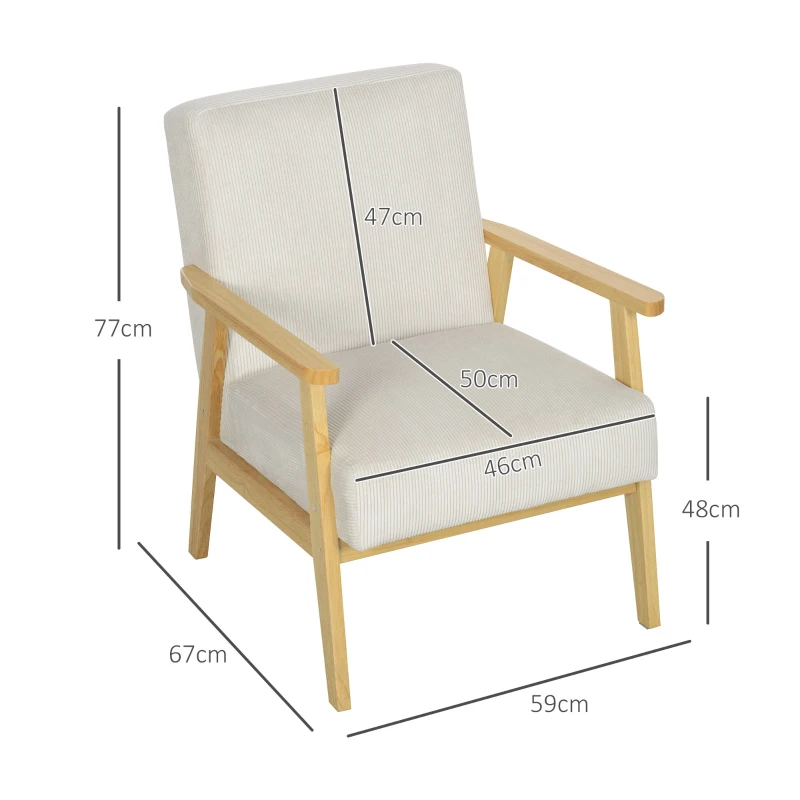 HOMCOM Fauteuil moderne avec accoudoirs, revêtement en tissu, en bois de caoutchouc, fauteuil d'appoint, supporte 120 kg, Crème