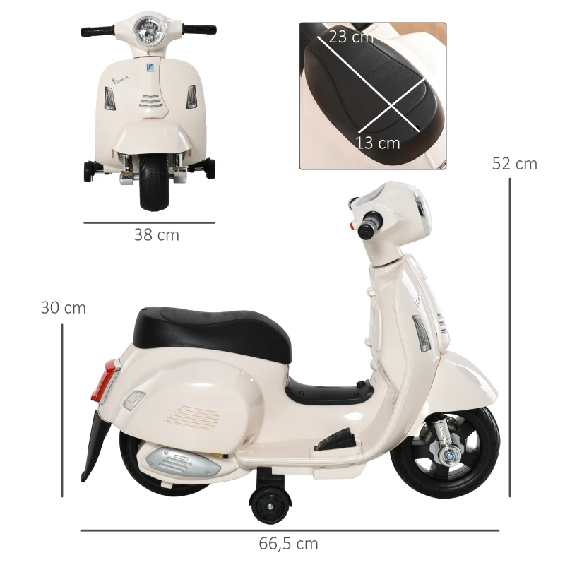 HOMCOM VESPA Moto Électrique pour Enfants Véhicule Électrique 18-36 Mois 3 km/h LED Son Plastique Métal Blanc 66,5 x 38 x 52 cm
