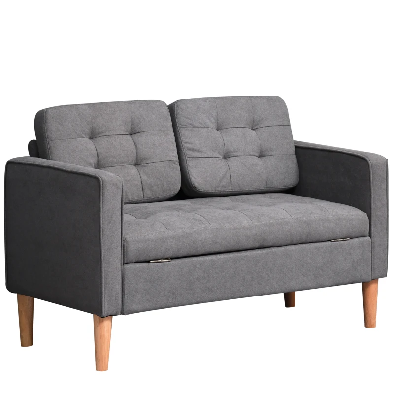 HOMCOM Canapé 2 Places, Canapé avec Rangement, Pieds en Bois, Canapé Rembourré en Imitation Velours pour Salon, Chambre à Coucher, 117 x 62 x 78 cm, Gris
