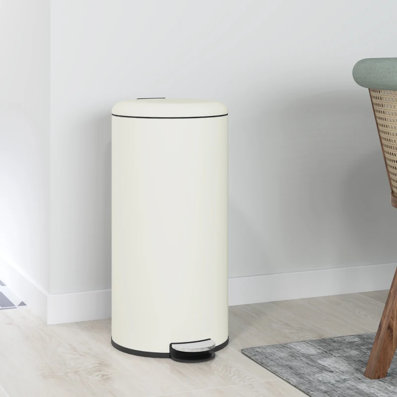 HOMCOM Poubelle 30L, poubelle à pédale, couvercle verrouillable, pédale, résistant aux taches, Blanc crème