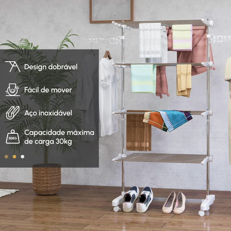 HOMCOM Estendal de Roupa Dobrável 80x55x172cm com 6 Rodas e 4 Prateleiras com Altura Ajustável de Aço Inoxidável Prateado