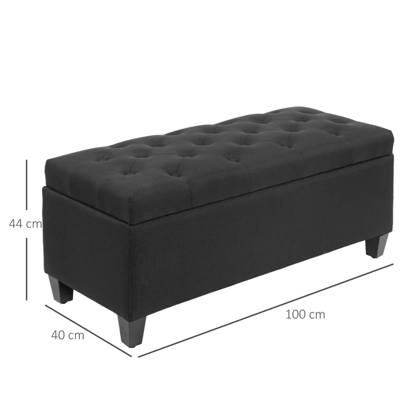 HOMCOM Banc avec espace de rangement, coffre banc, polyester de type lin, bois de caoutchouc, Noir, 100 x 40 x 44 cm