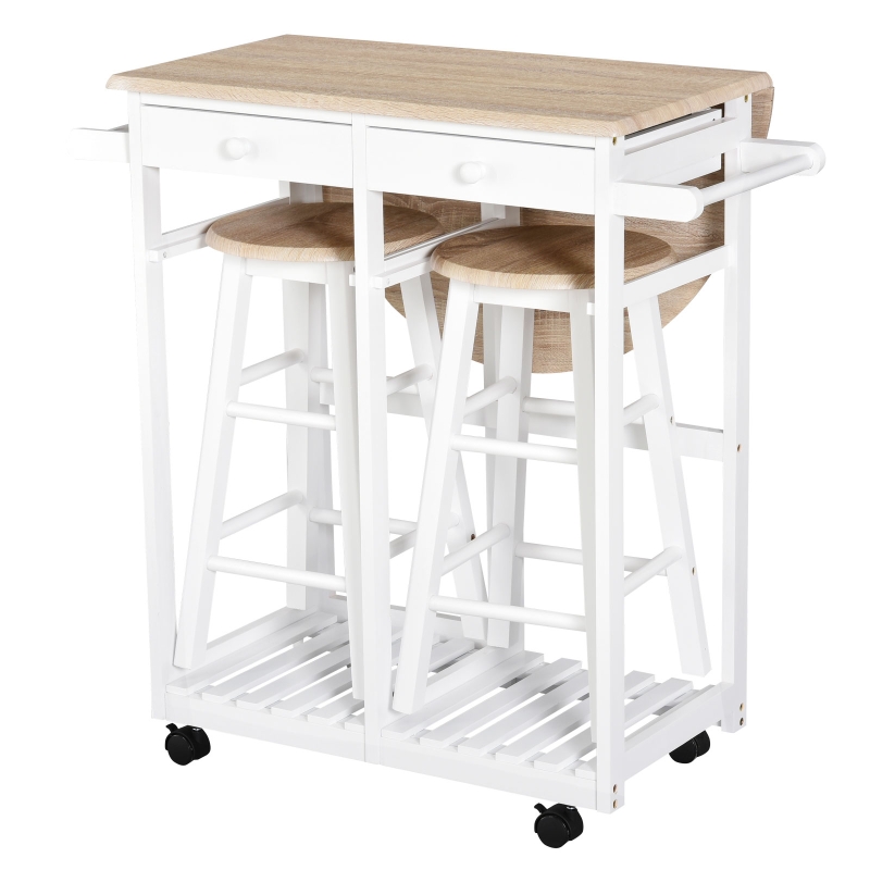 HOMCOM Bartisch-Set Klappbar auf Rollen mit Regal und 2 Schubladen + 2 Hocker Kiefernholz MDF Weiß Eiche Hell