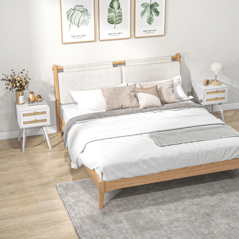 HOMCOM 2er-Set Nachttische Beistelltische 2 Schubladen geflochtene Rattanfronten Boho-Stil 40 x 40 x 60 cm Weiß