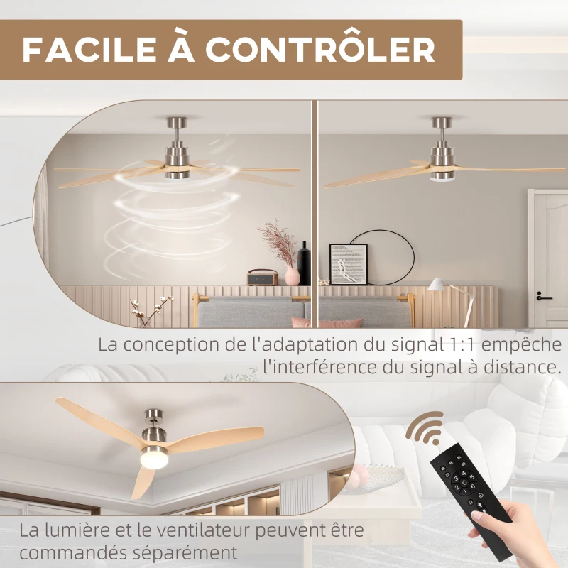 HOMCOM Deckenventilator, umkehrbar, mit LED-Licht, 6 Geschwindigkeiten, leise - Fernbedienung - Durchmesser 132 cm, natur