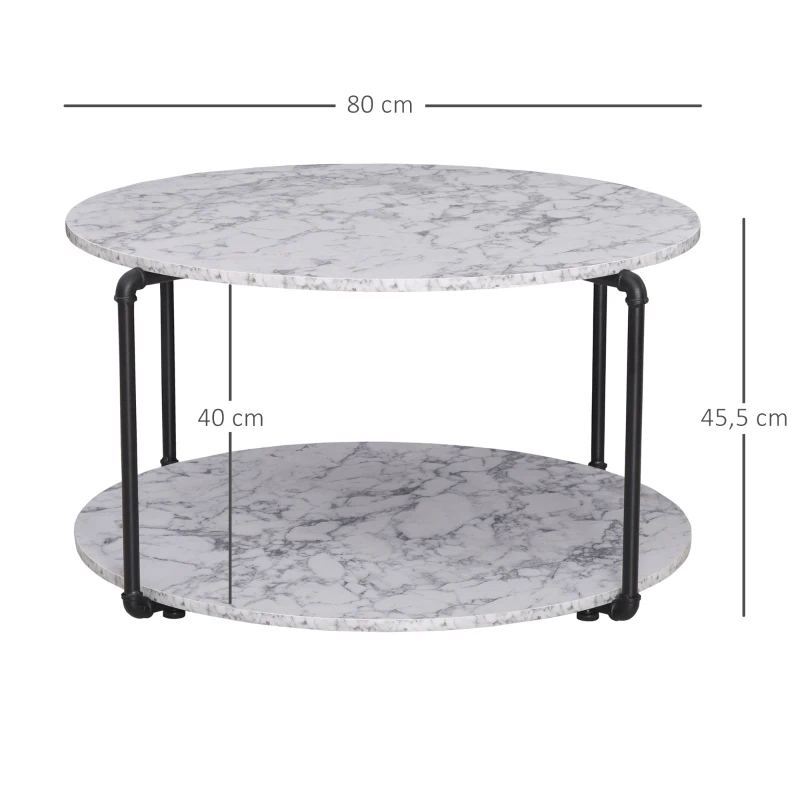 HOMCOM Couchtisch Rund mit Regal Ø 80 x 45H cm Spanplatten Marmorimitat Weiß Metall Schwarz