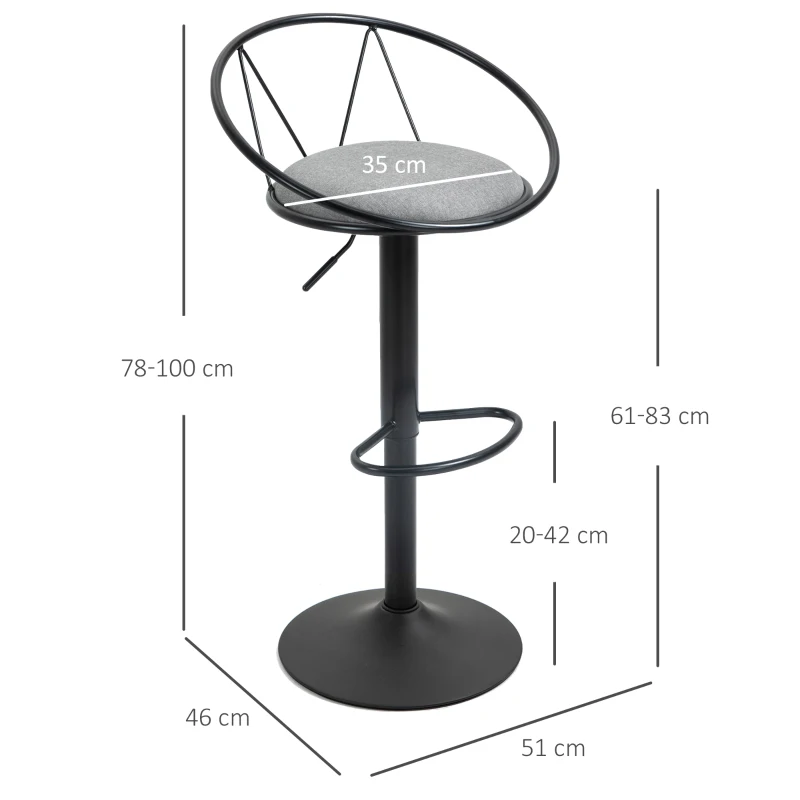 HOMCOM Set mit 2 Barhockern im neo-retro Design, höhenverstellbar und drehbar mit Metall-Fußstütze in Schwarz und Leinen in Grau