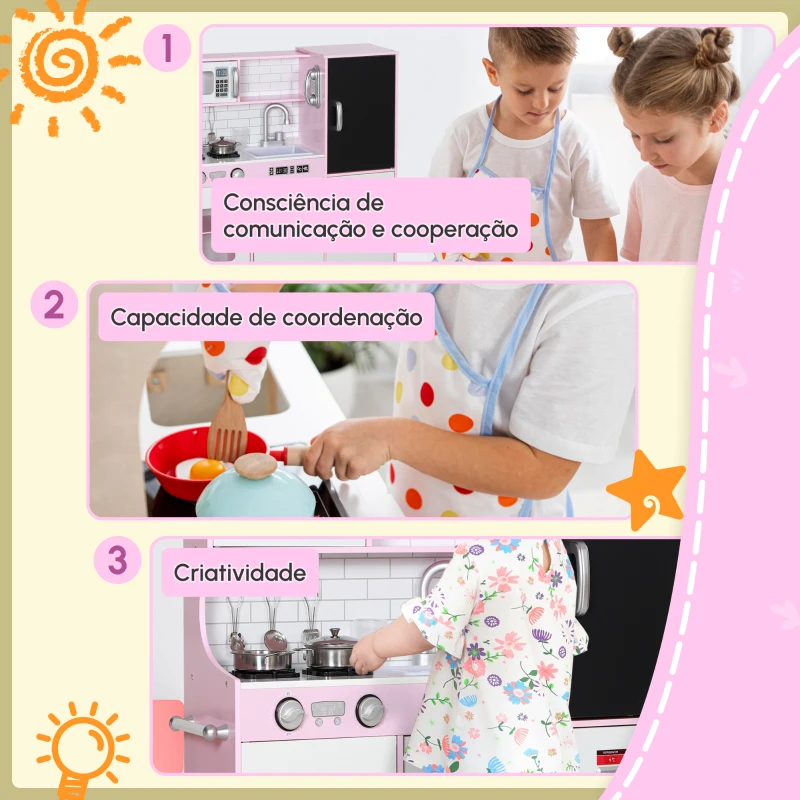 AIYAPLAY Cozinha de Brincar para Crianças acima de 3 anos Cozinha Infantil de Madeira com Acessórios Máquina de Gelo Ardósia e Telefone 83,8x26,8x81 cm Rosa