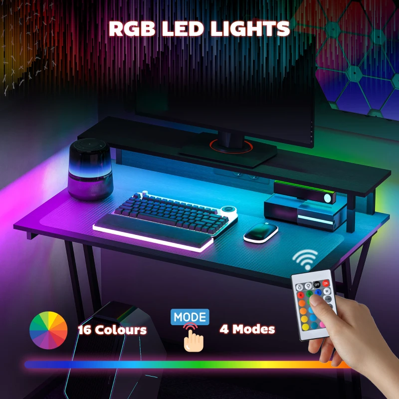 HOMCOM Birou de Gaming cu Lumini LED și Suport pentru Monitor, Masă Gaming cu Port USB și TYPE C, 100x60x88,5 cm, Negru