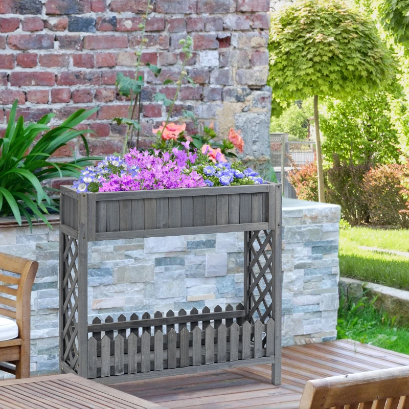 Outsunny Hochbeet mit Regal und Gitterseitenteilen - Maße 90L x 30B x 90H cm - Tannenholz Grau