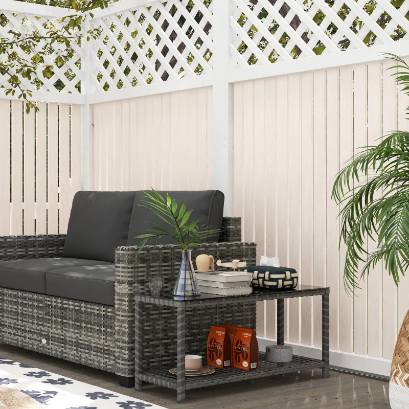 Outsunny Garten Beistelltisch rechteckiger Couchtisch aus PE-Rattan mit gehärteter Glasplatte Maße 80L x 30B x 40H cm Grau