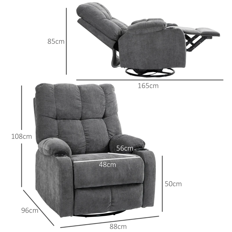 HOMCOM Fauteuil relaxant avec repose-pieds, fauteuil inclinable, pivotant, jusqu'à 150 kg, cadre en acier, 88x96x108 cm, Gris foncé(m-3)